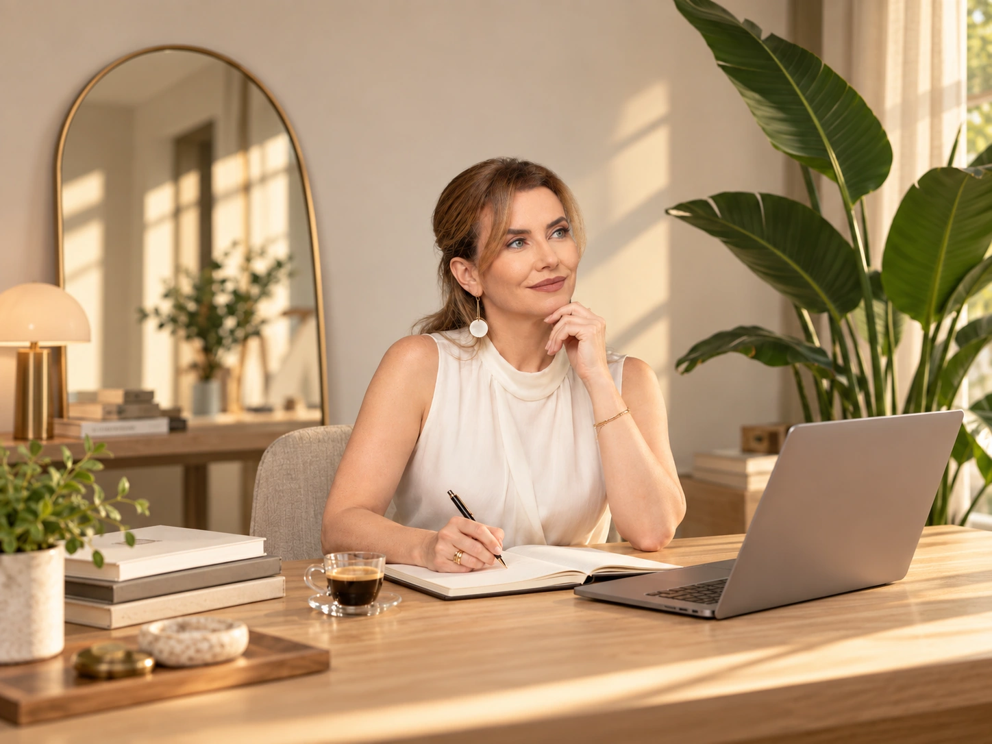 Dra. Patrícia Pires sentada à mesa com um notebook e um caderno aberto, em um ambiente acolhedor iluminado pela luz natural